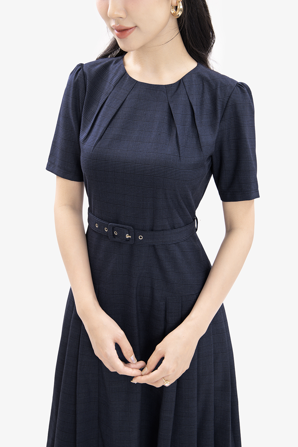 Đầm công sở dáng xòe xếp ly phối belt