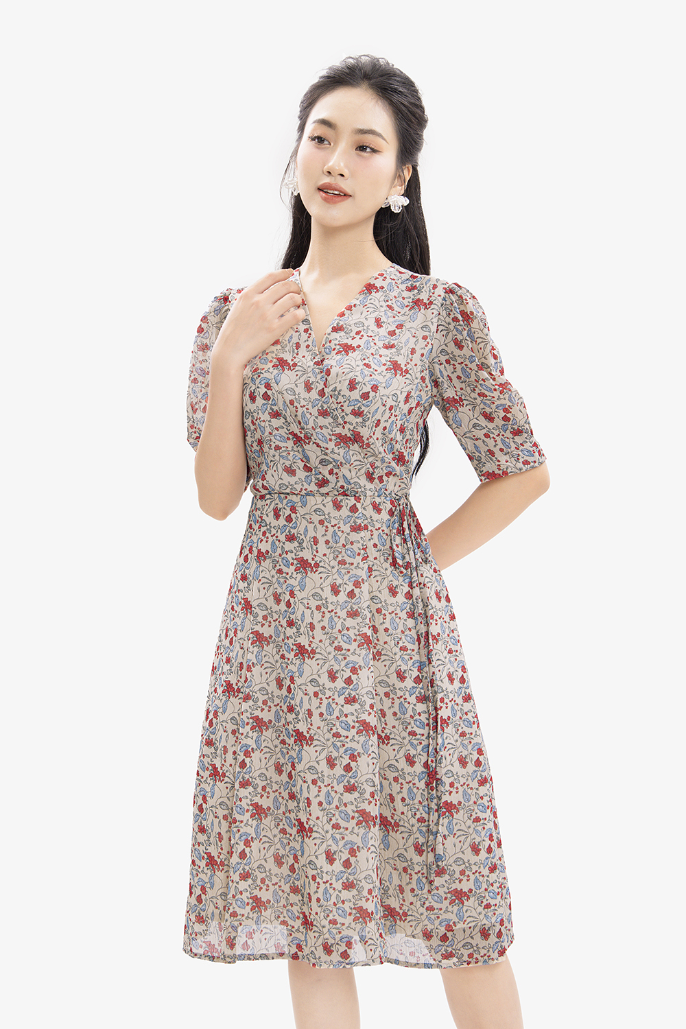 Đầm hoa dáng chữ A cổ V thắt nơ eo