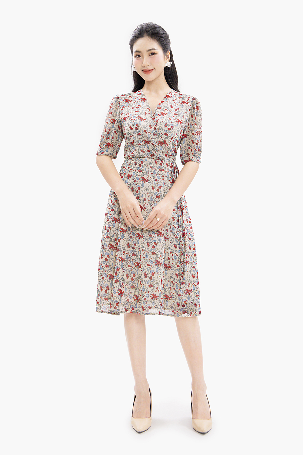 Đầm hoa dáng chữ A cổ V thắt nơ eo