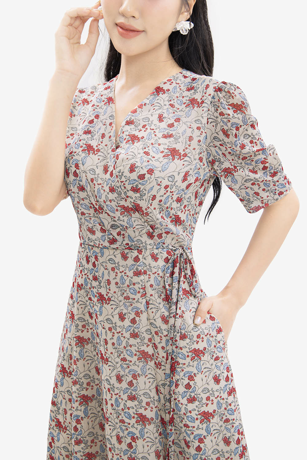 Đầm hoa dáng chữ A cổ V thắt nơ eo