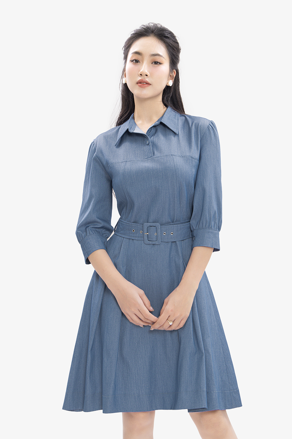 Đầm sơ mi công sở dáng xòe kèm thắt lưng