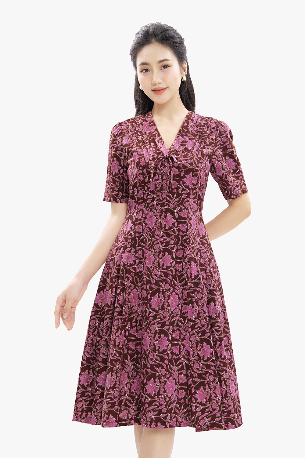 Đầm hoa công sở dáng xòe ngực xếp ly