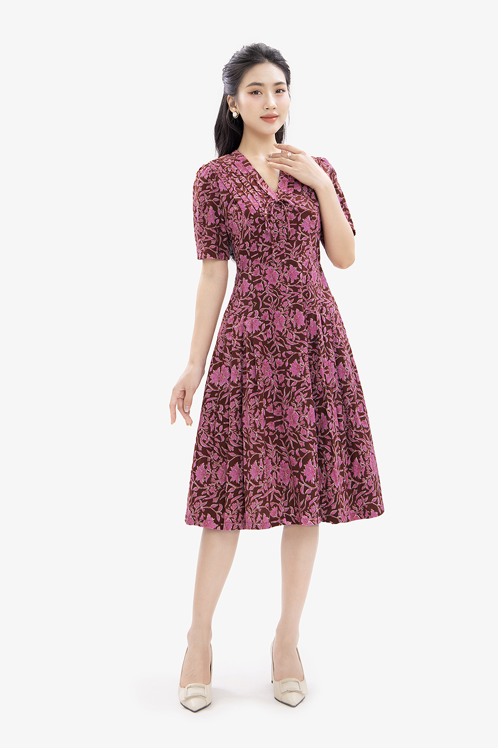 Đầm hoa công sở dáng xòe ngực xếp ly