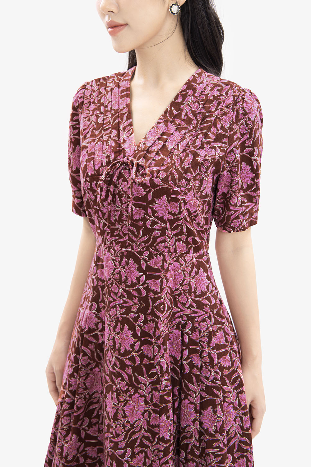 Đầm hoa công sở dáng xòe ngực xếp ly