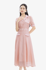 Đầm xòe cổ đan tông phối túi màu hồng