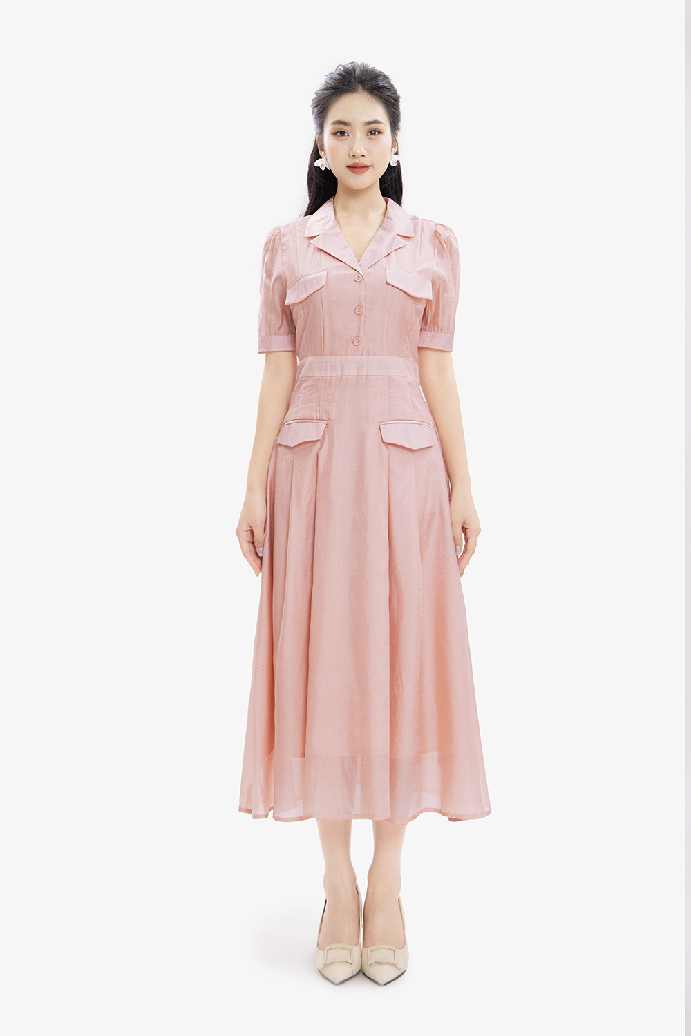 Đầm xòe cổ đan tông phối túi màu hồng