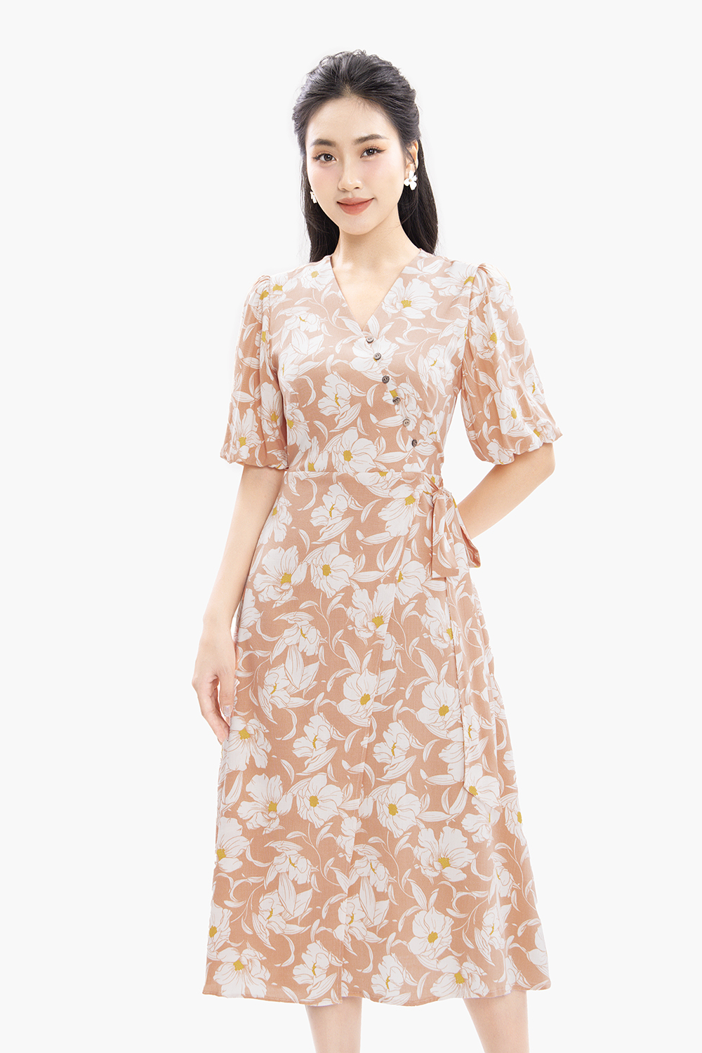 Đầm chữ A màu cam họa tiết hoa cổ V