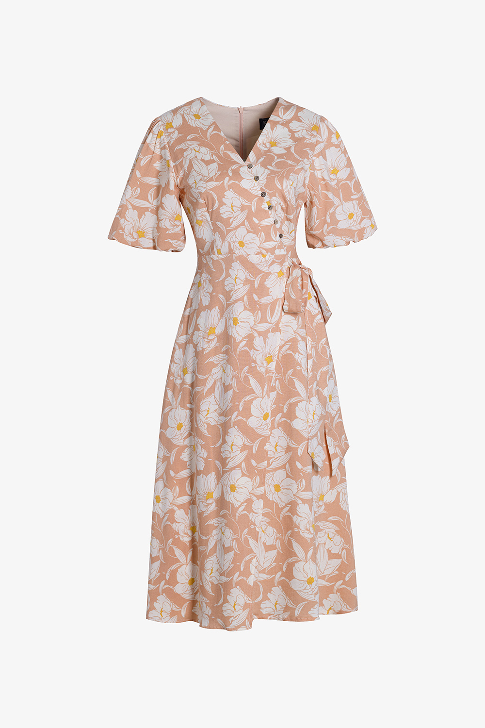 Đầm chữ A màu cam họa tiết hoa cổ V