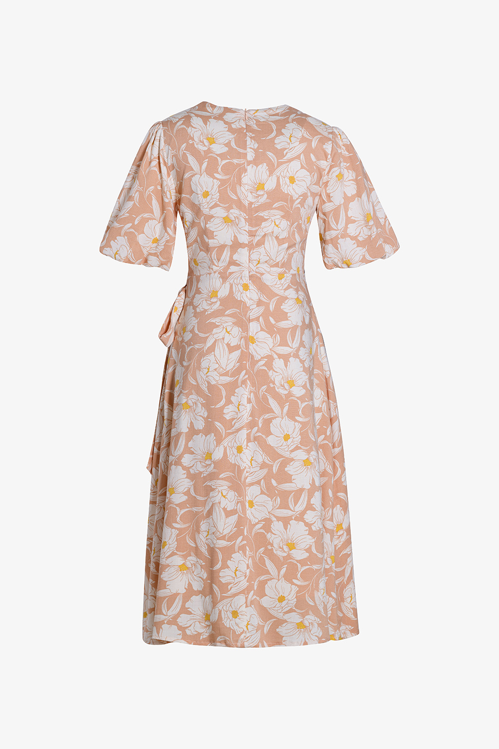 Đầm chữ A màu cam họa tiết hoa cổ V