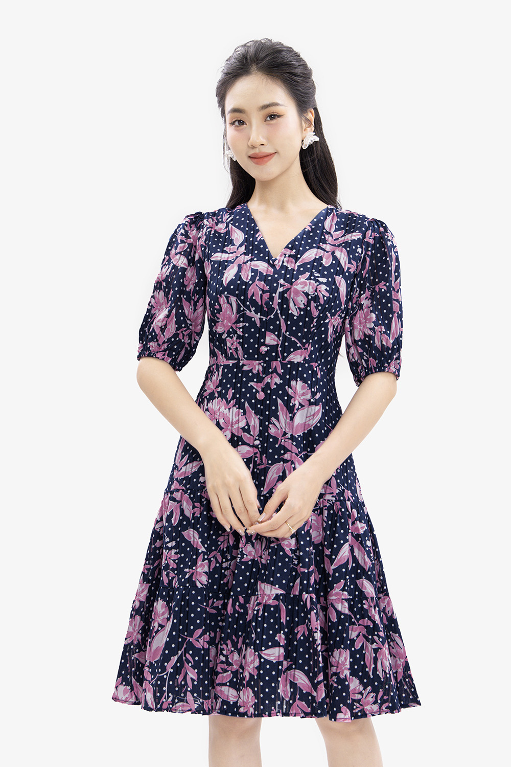 Đầm đuôi cá họa tiết hoa cổ V