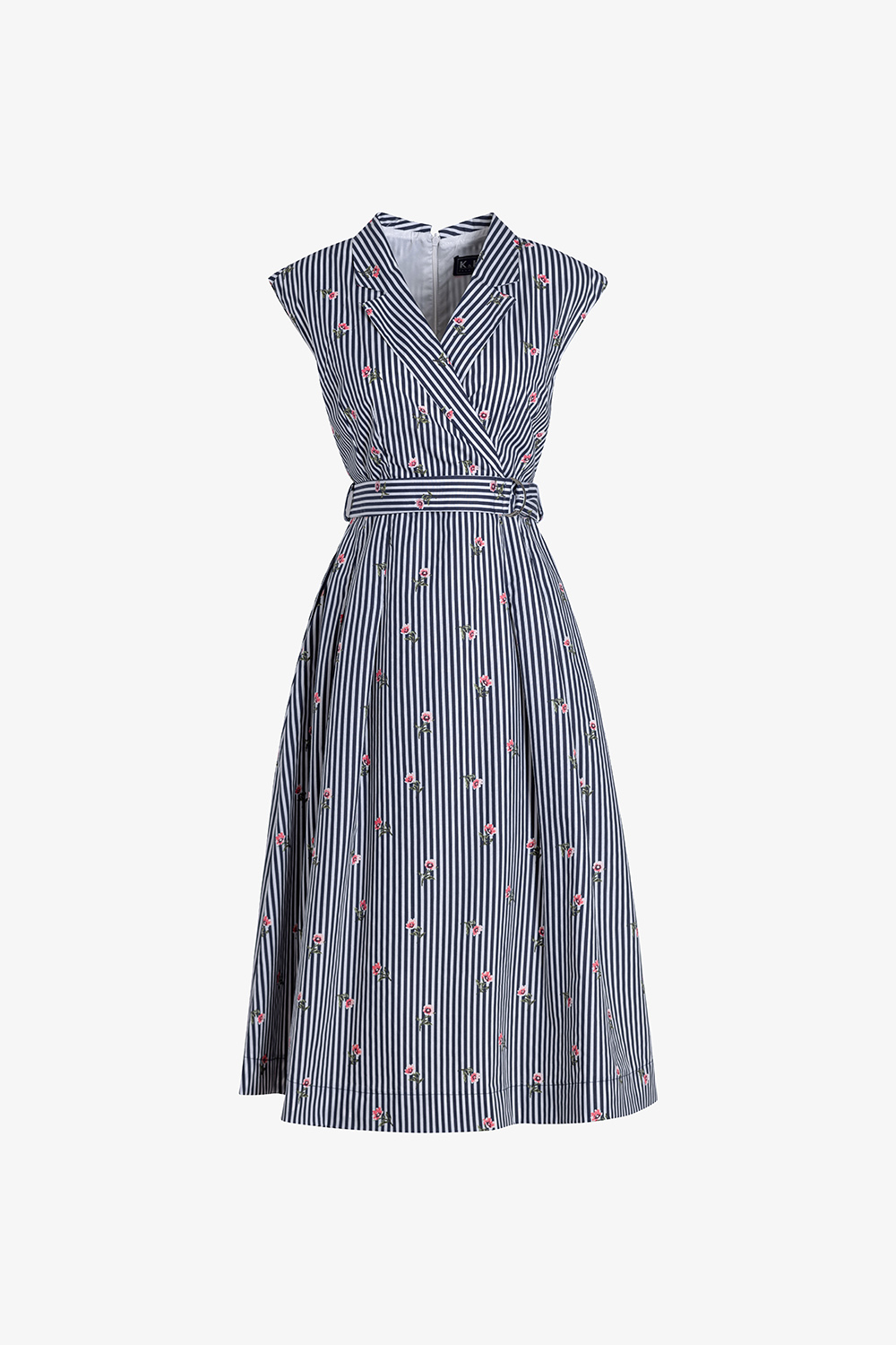 Đầm xòe hoa nhí kẻ sọc phối belt