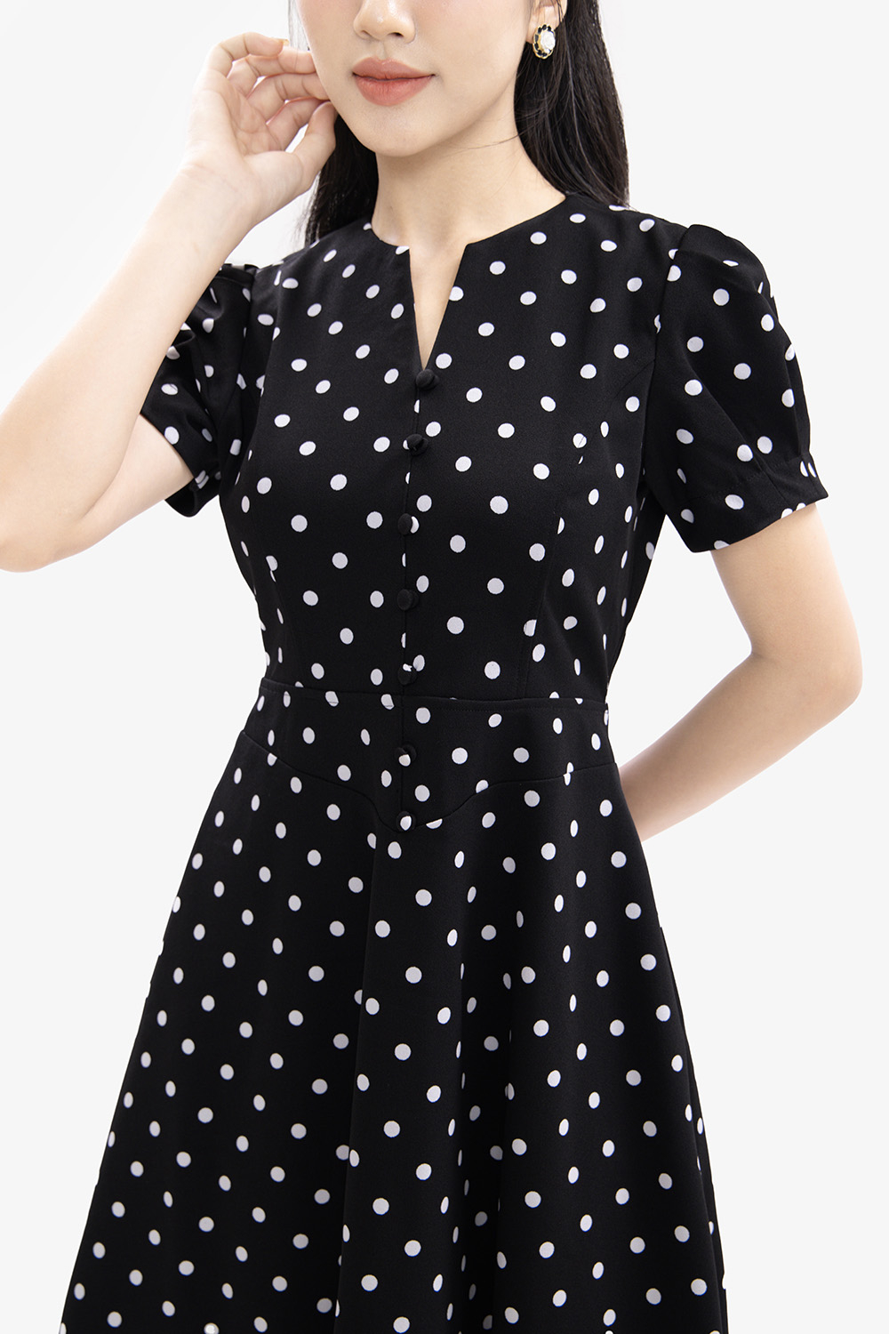 Đầm xòe chữ A họa tiết chấm bi