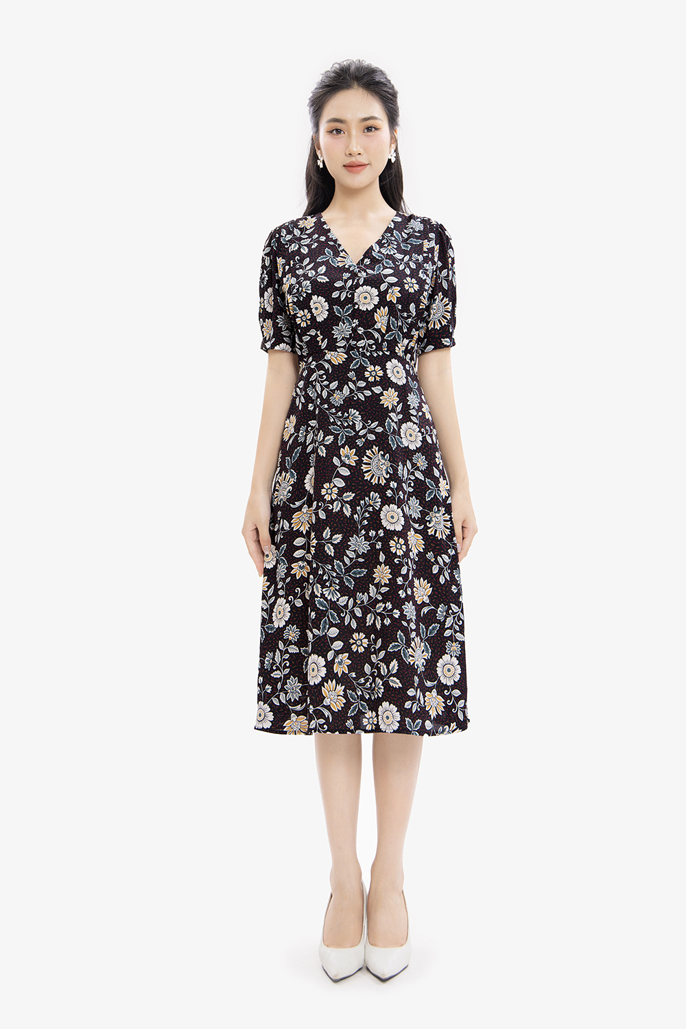 Đầm hoa chữ A công sở cổ chữ V