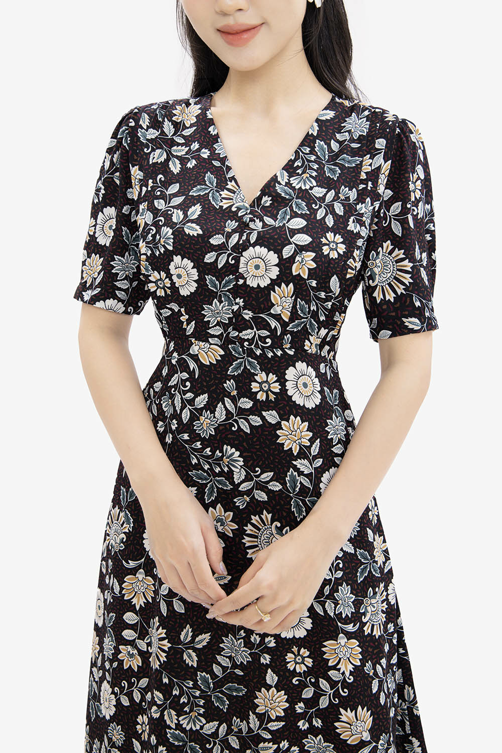 Đầm hoa chữ A công sở cổ chữ V