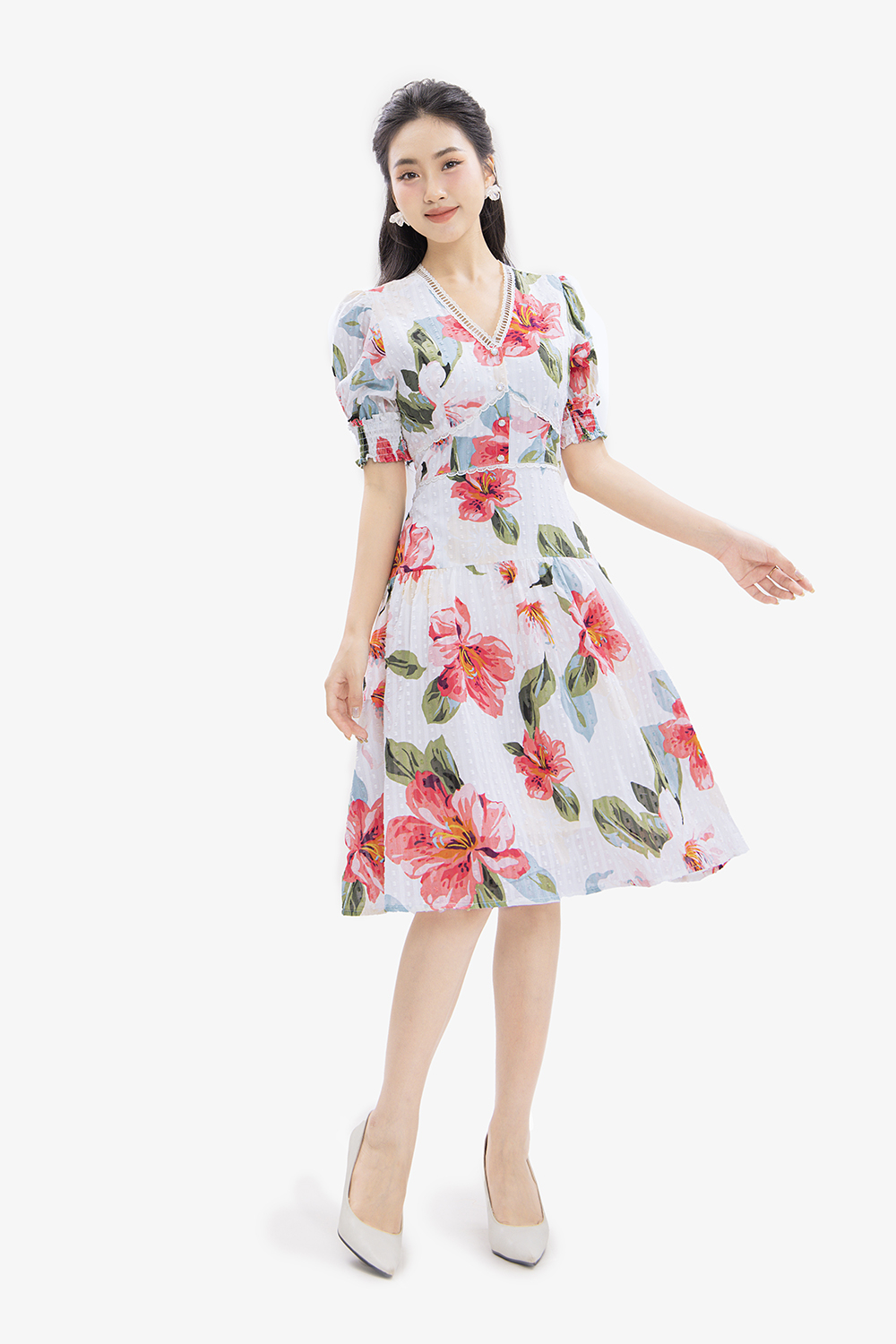 Đầm hoa dáng xòe tay phồng phối đăng ten