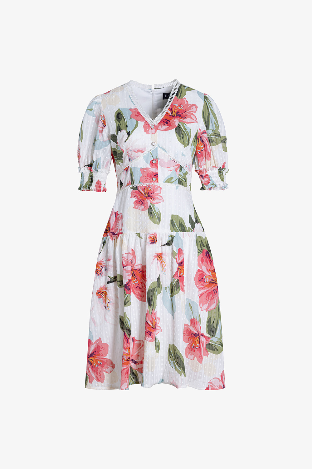 Đầm hoa dáng xòe tay phồng phối đăng ten