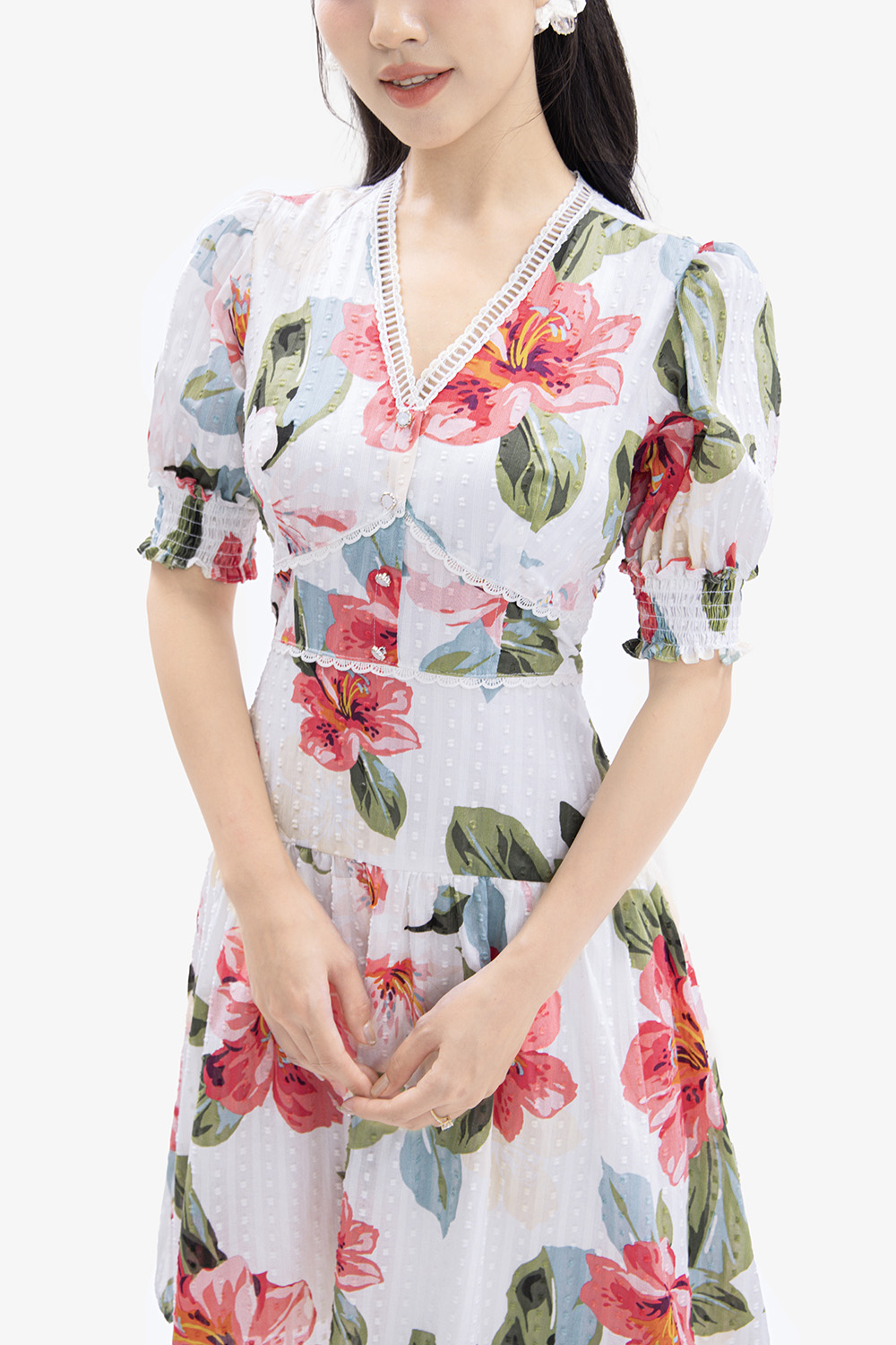 Đầm hoa dáng xòe tay phồng phối đăng ten
