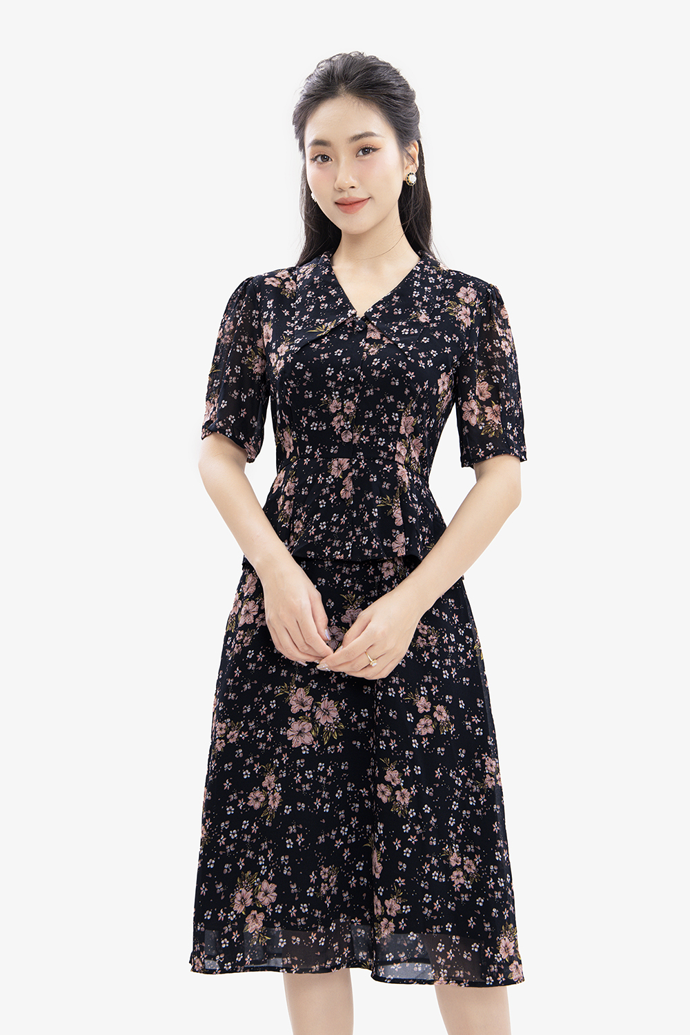 Đầm xòe peplum công sở họa tiết hoa