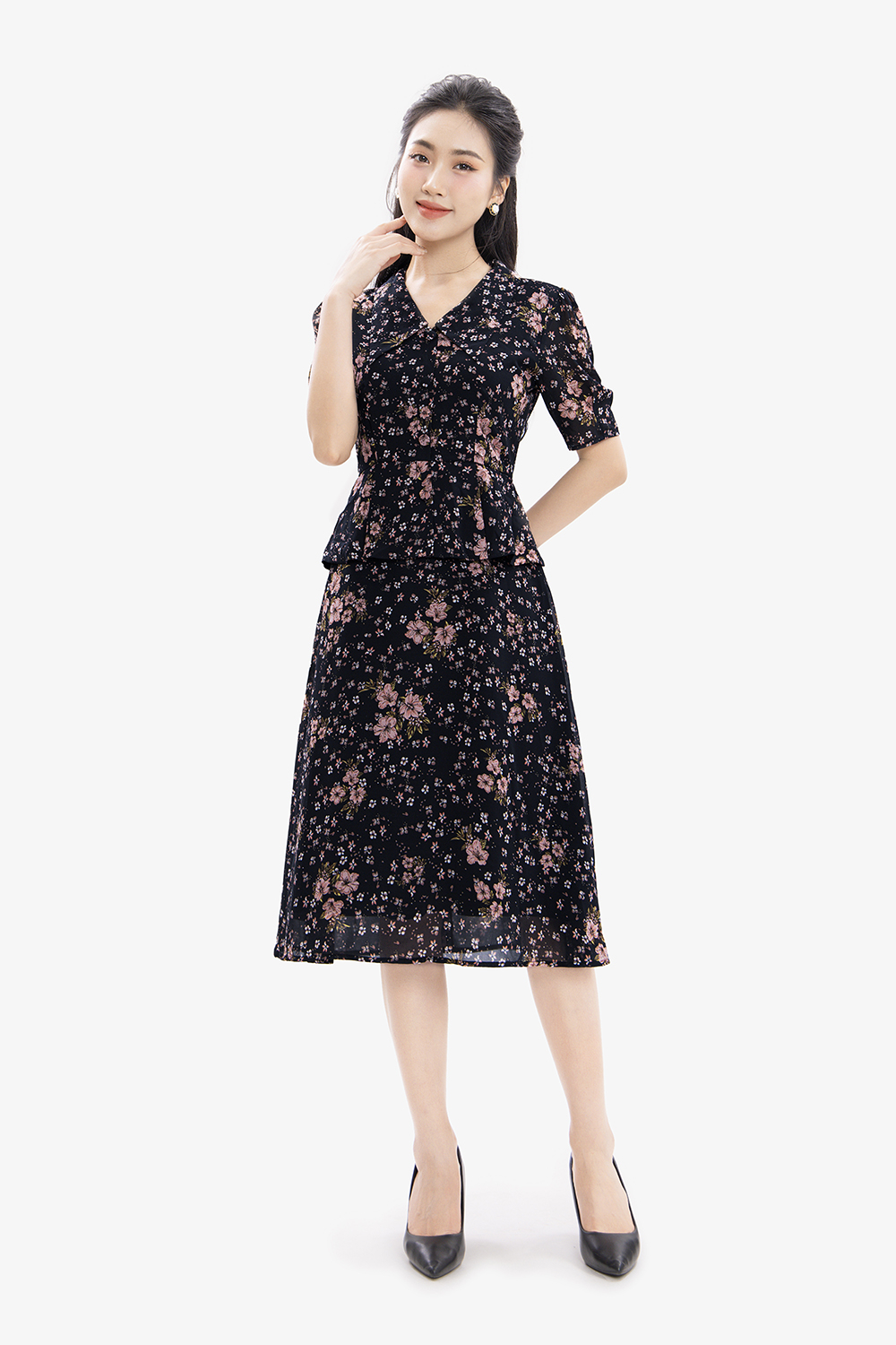 Đầm xòe peplum công sở họa tiết hoa