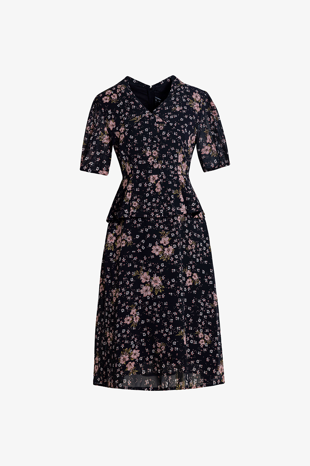 Đầm xòe peplum công sở họa tiết hoa