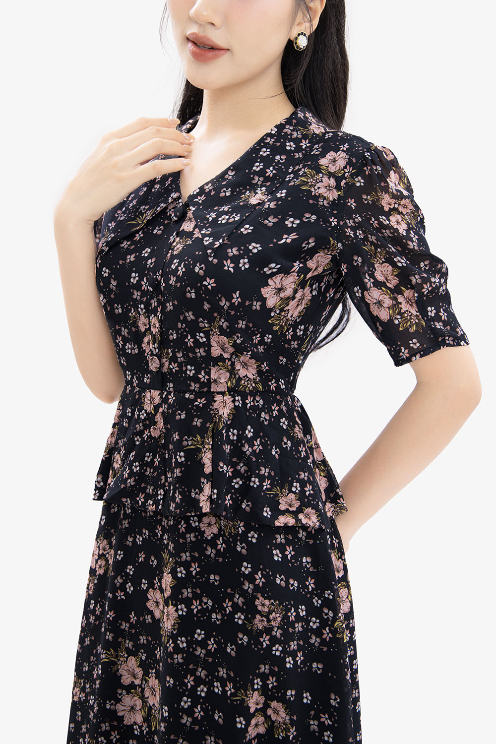 Đầm xòe peplum công sở họa tiết hoa