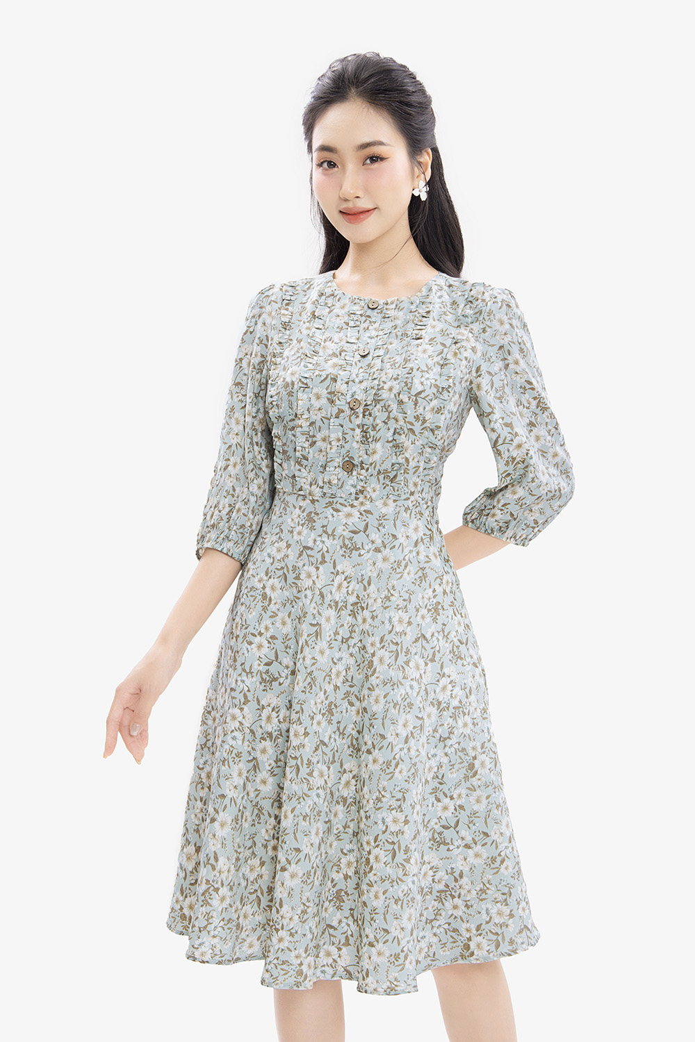 Đầm xòe hoa voan lụa tay lửng cổ tròn