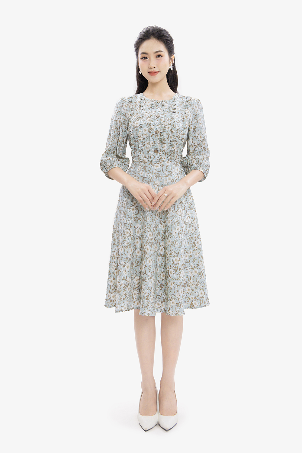 Đầm xòe hoa voan lụa tay lửng cổ tròn