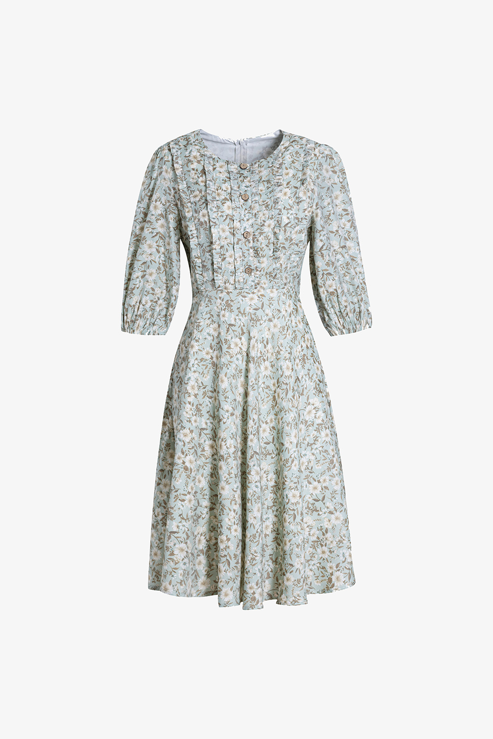 Đầm xòe hoa voan lụa tay lửng cổ tròn