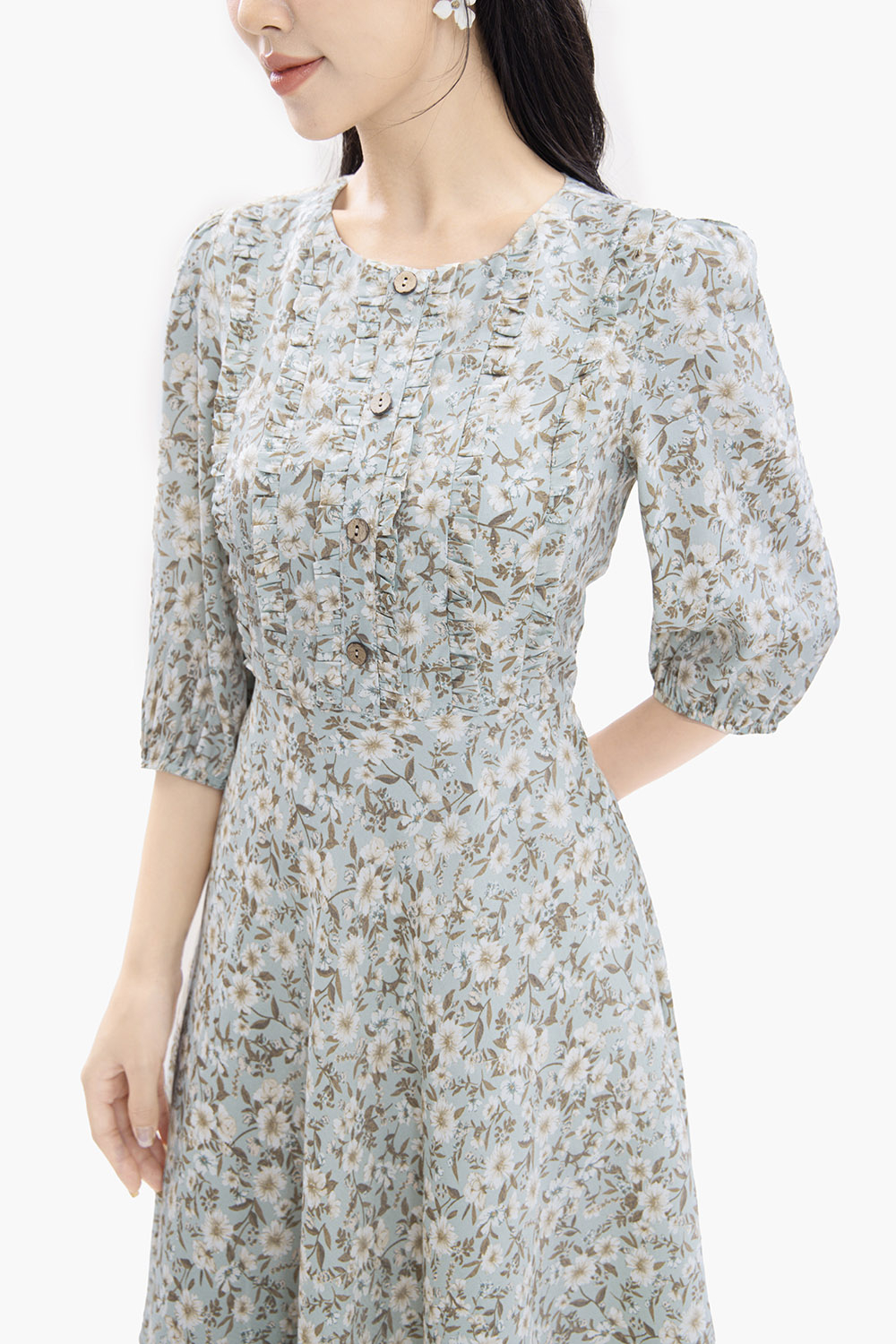 Đầm xòe hoa voan lụa tay lửng cổ tròn