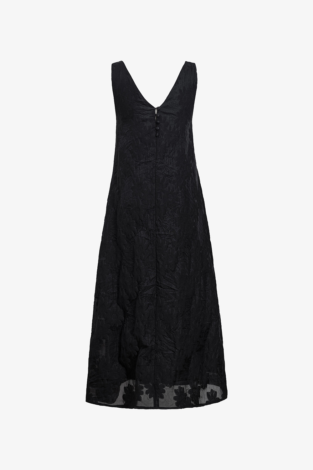 Đầm suông đen thêu hoa sát nách