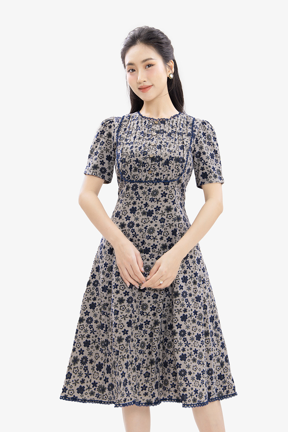 Đầm xòe chữ a công sở họa tiết