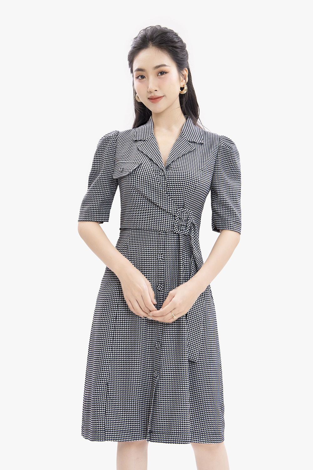 Đầm công sở caro đắp chéo cổ đan tông