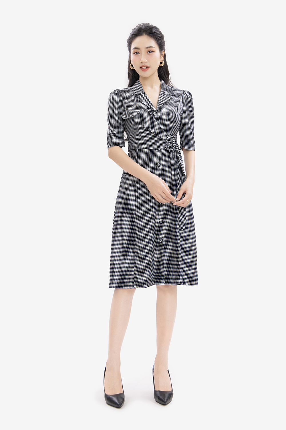 Đầm công sở caro đắp chéo cổ đan tông