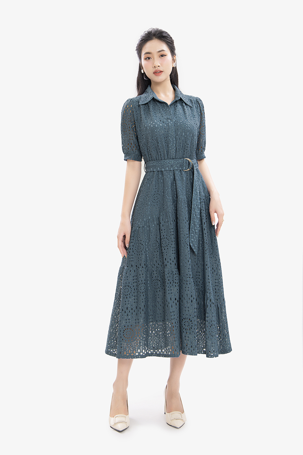 Đầm ren dáng xòe cổ sơ mi kèm thắt eo