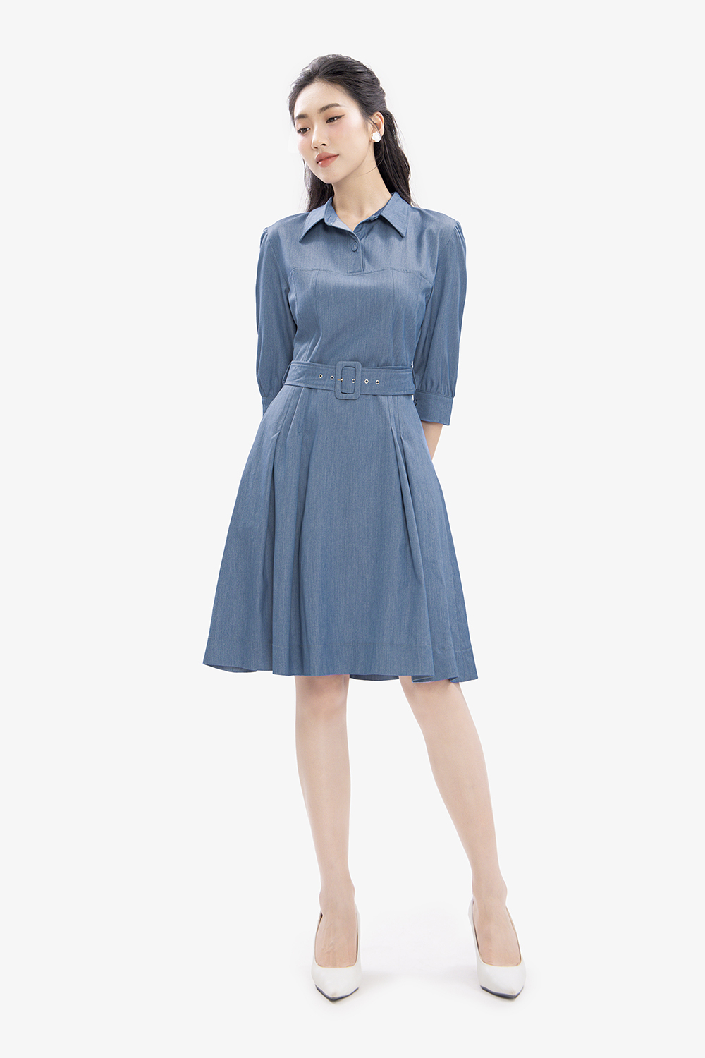 Đầm sơ mi công sở dáng xòe kèm thắt lưng