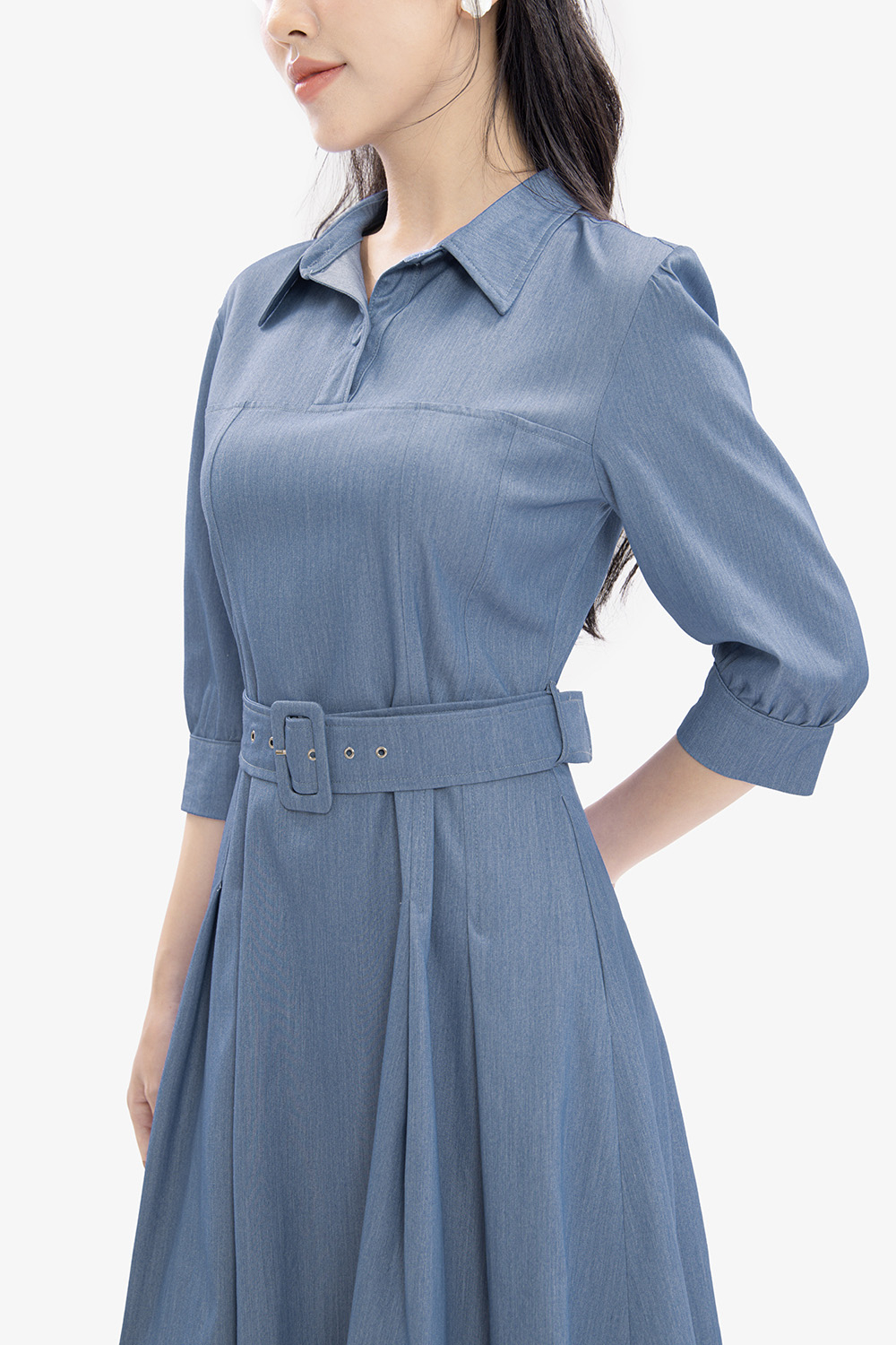 Đầm sơ mi công sở dáng xòe kèm thắt lưng