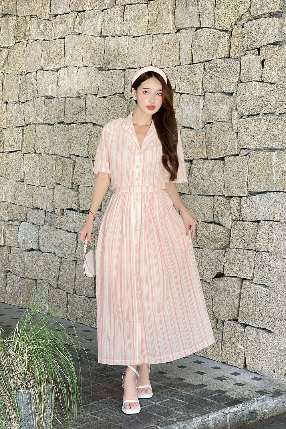 Chân váy dài dáng xòe họa tiết sọc