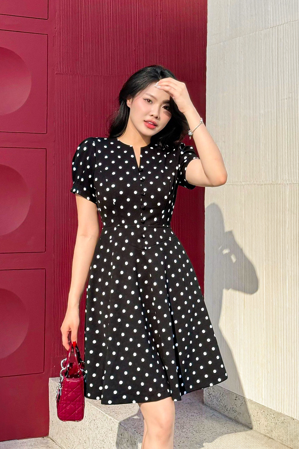 Đầm xòe chữ A họa tiết chấm bi KK165-32