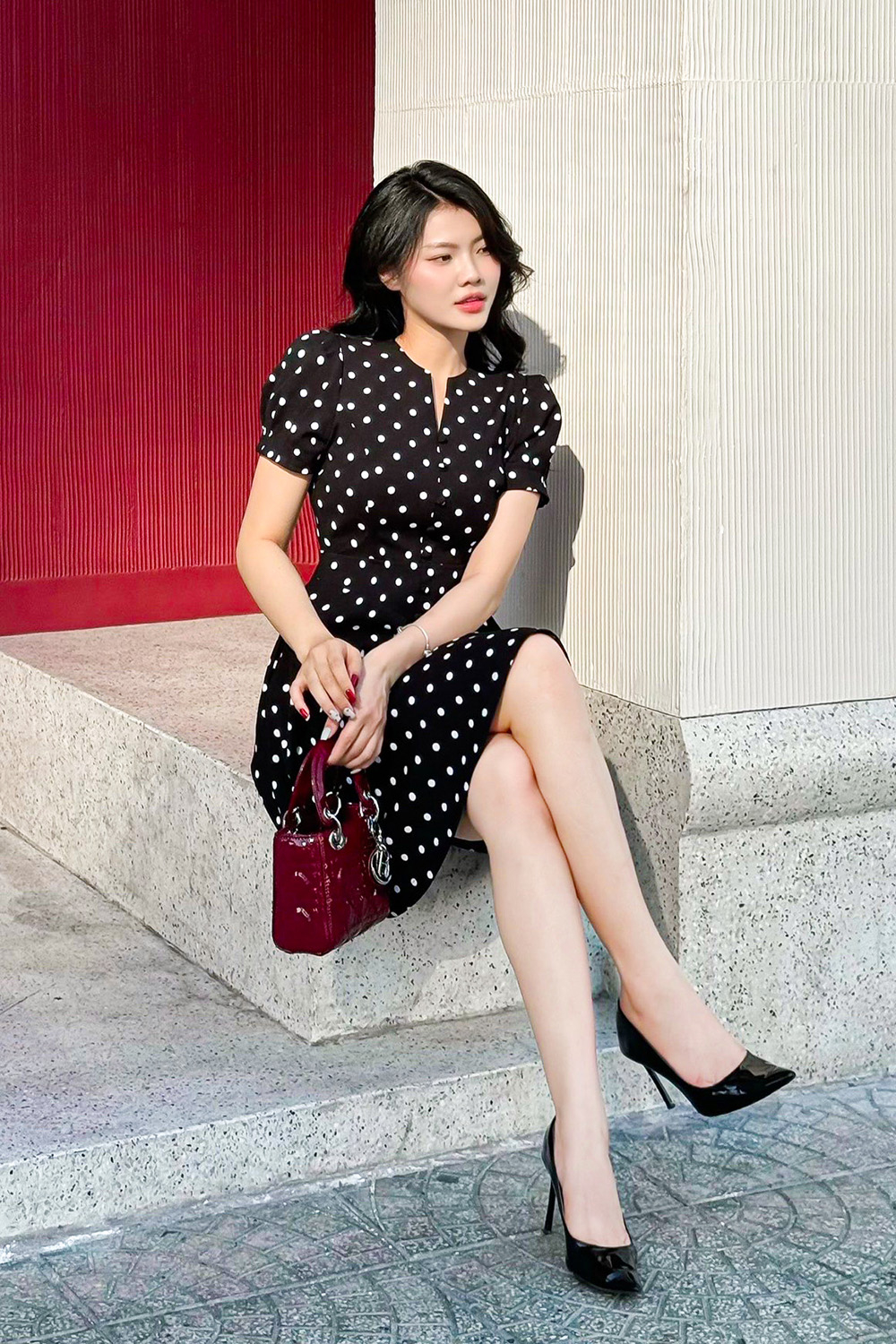 Đầm xòe chữ A họa tiết chấm bi