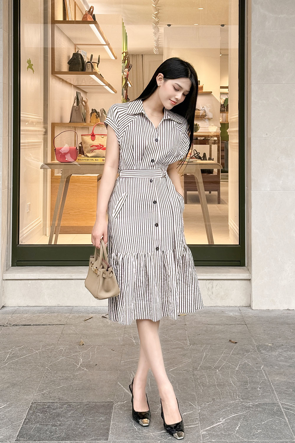 Đầm sơ mi công sở kẻ sọc đuôi cá KK166-34