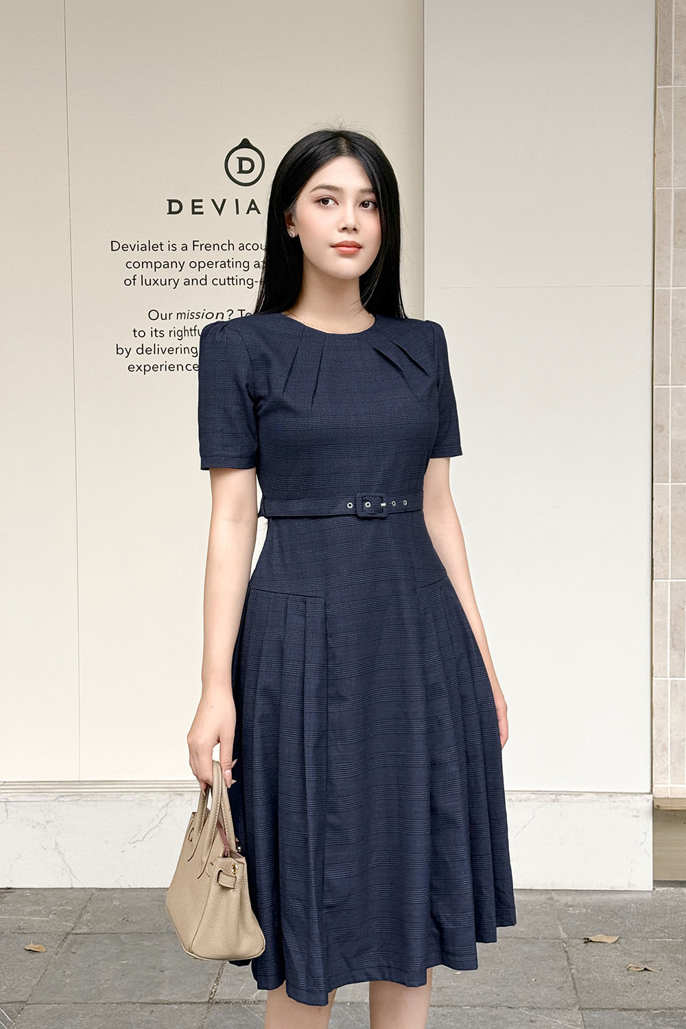 Đầm công sở dáng xòe xếp ly phối belt