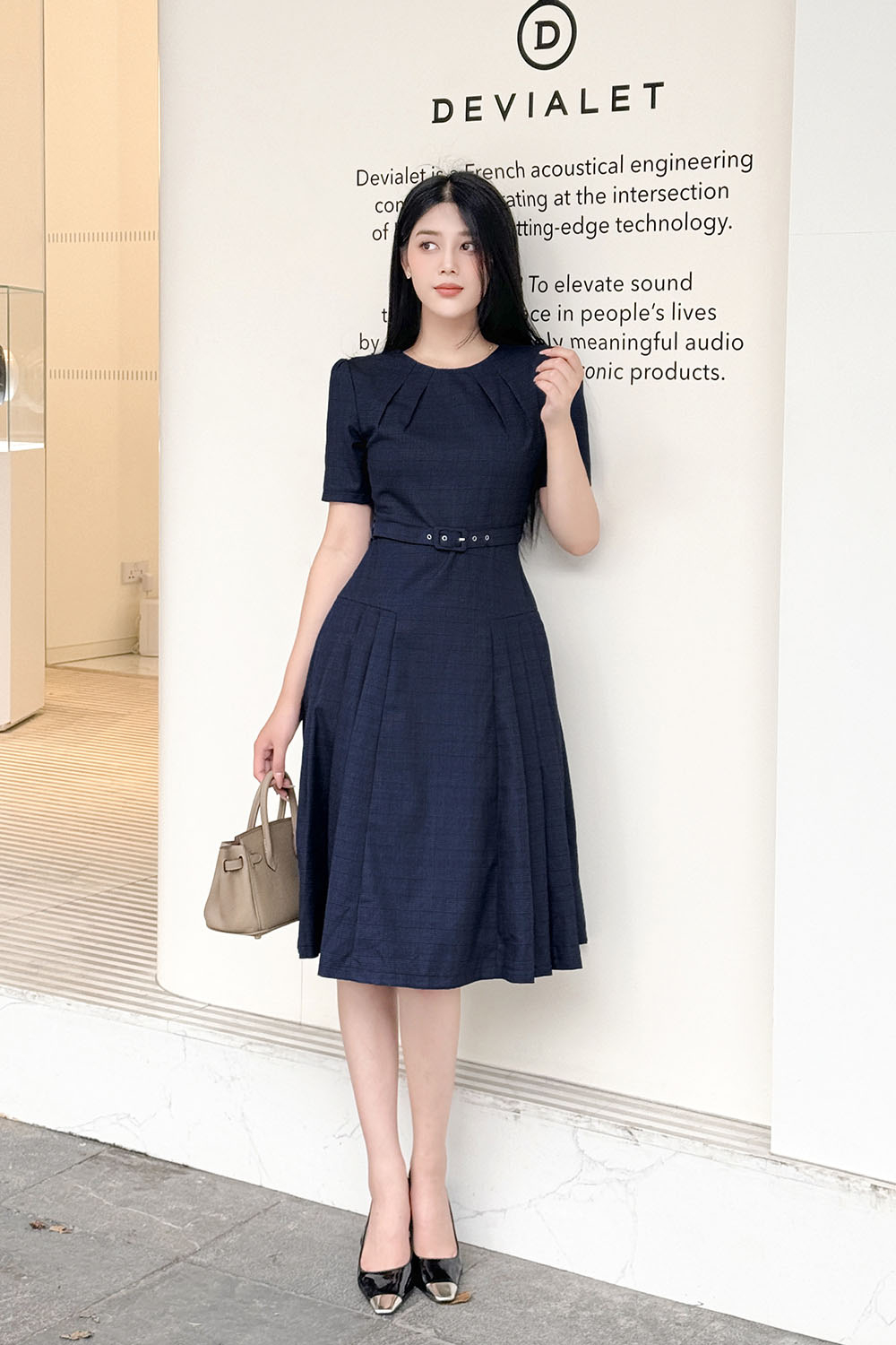 Đầm công sở dáng xòe xếp ly phối belt HL26-35