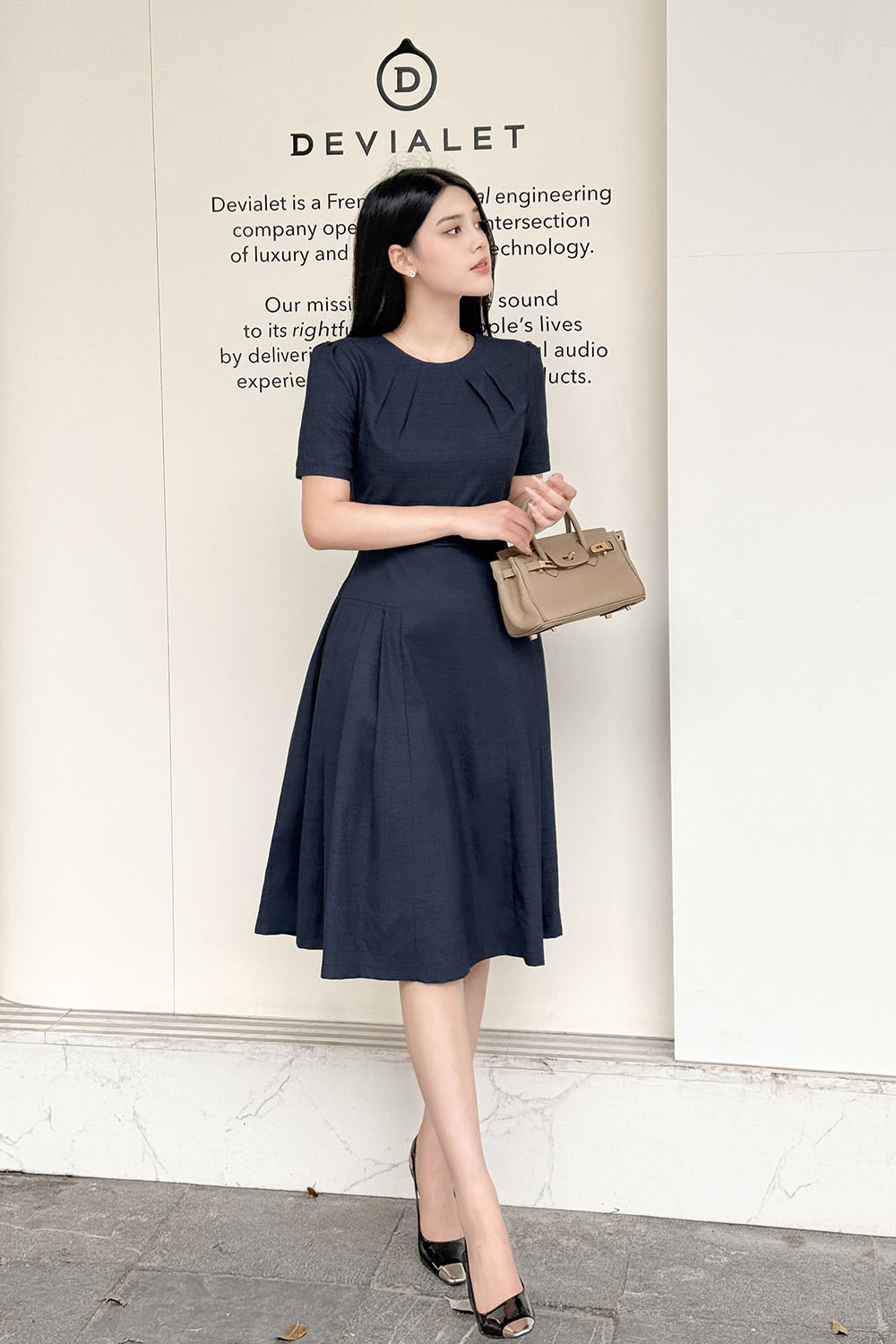 Đầm công sở dáng xòe xếp ly phối belt