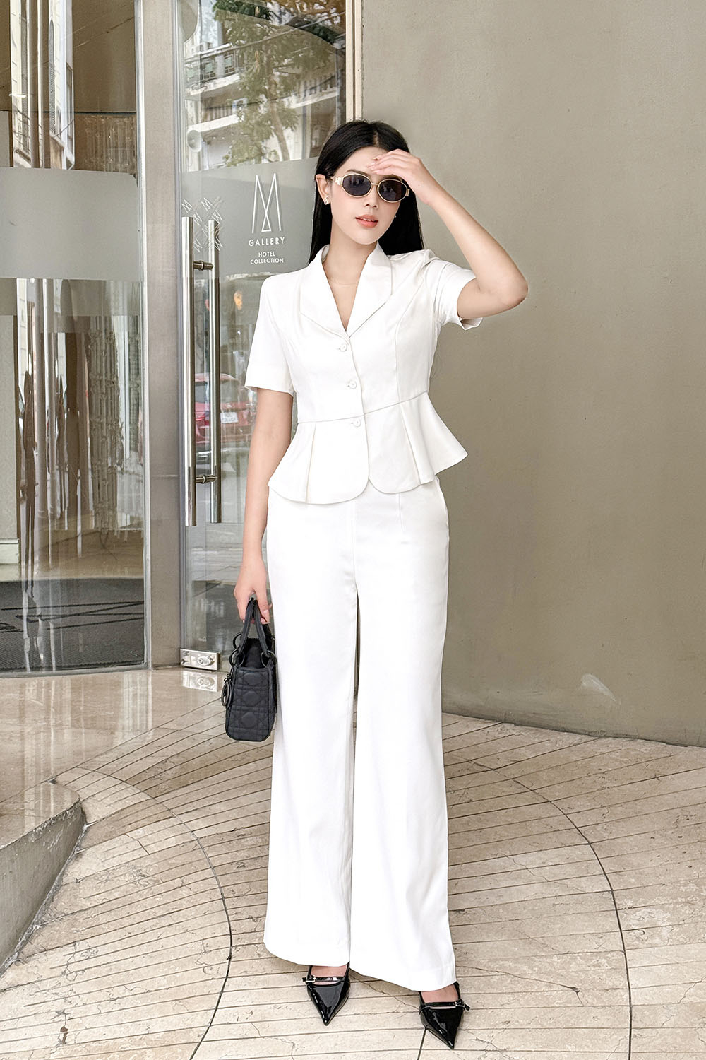 Áo peplum công sở nữ màu trắng tay ngắn