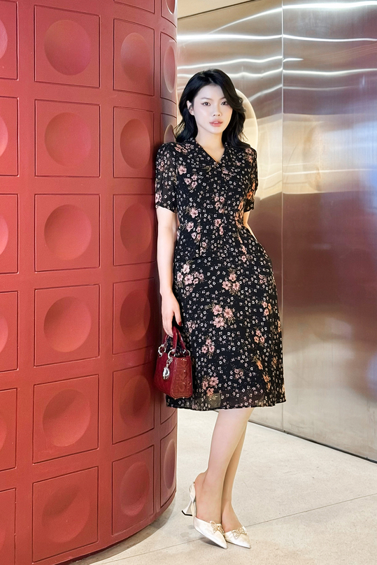 Đầm xòe peplum công sở họa tiết hoa KK165-06