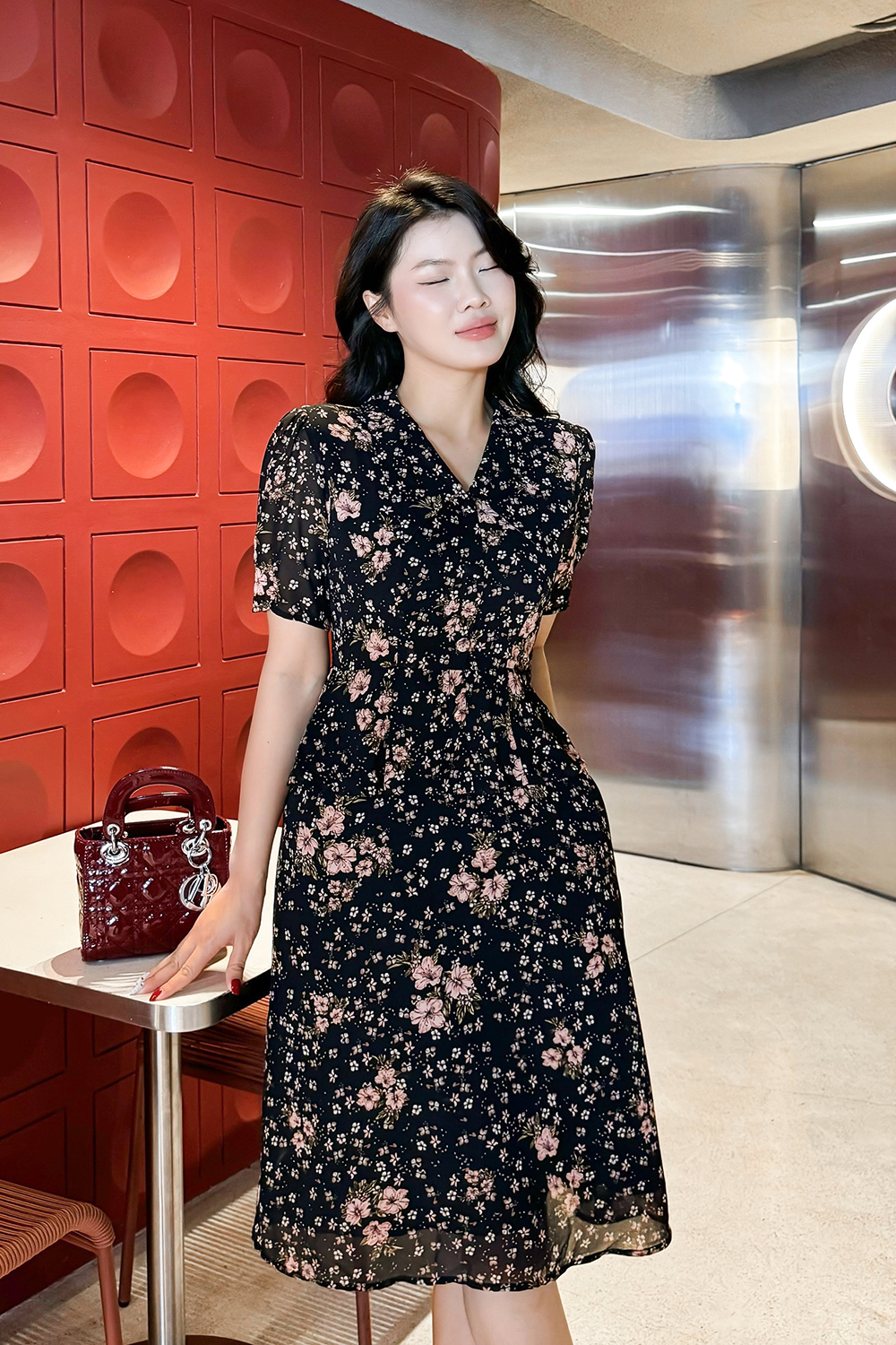 Đầm xòe peplum công sở họa tiết hoa