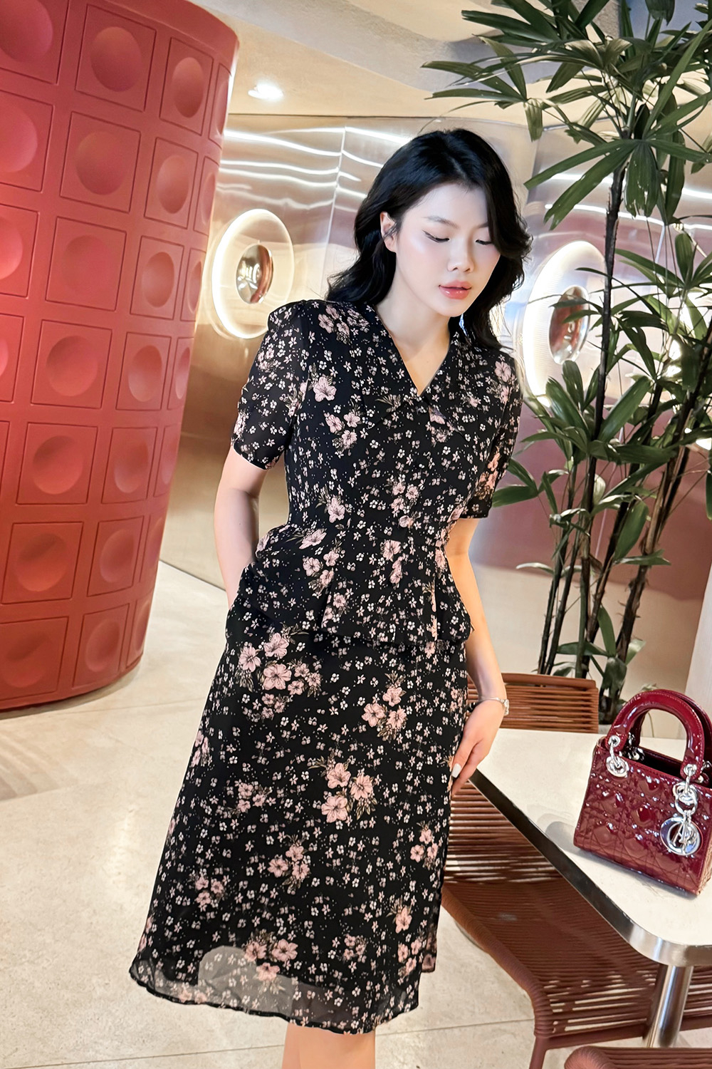 Đầm xòe peplum công sở họa tiết hoa