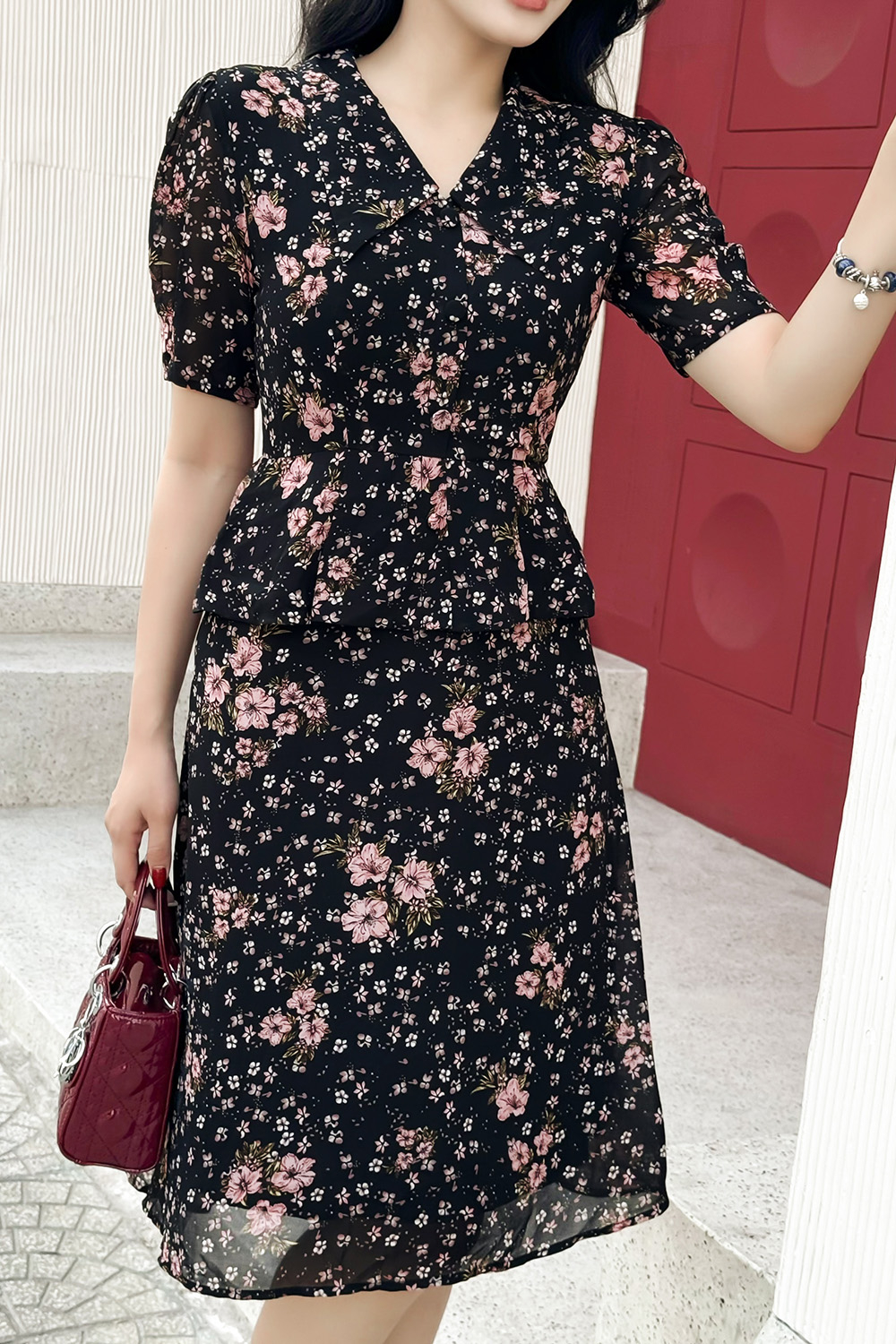 Đầm xòe peplum công sở họa tiết hoa