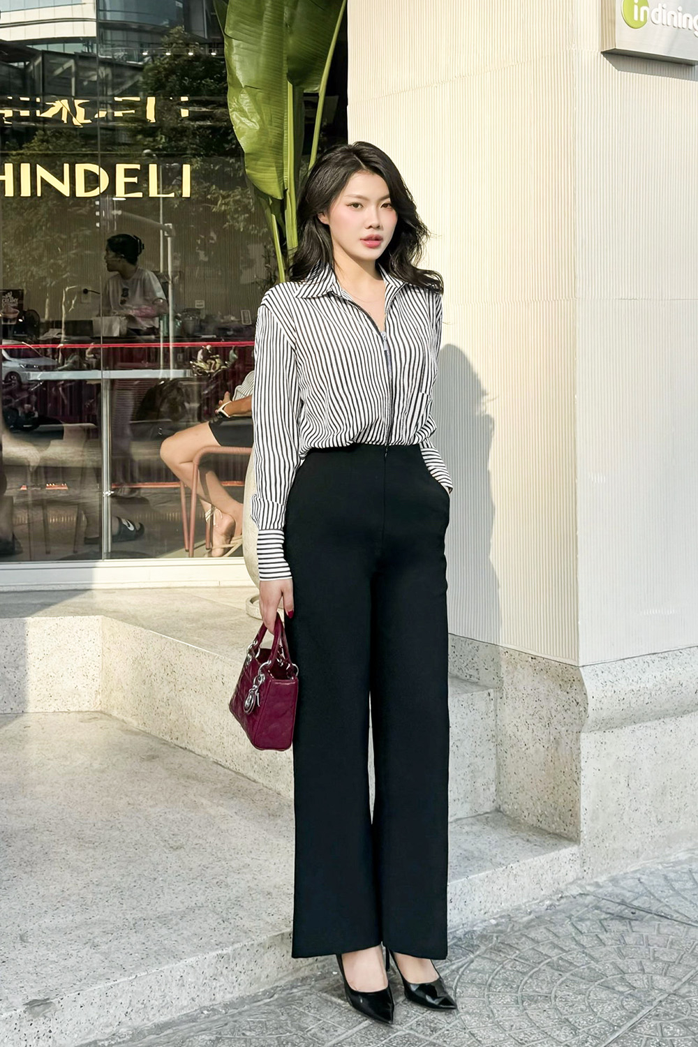 Áo sơ mi nữ kẻ sọc dây kéo trước ASM18-37