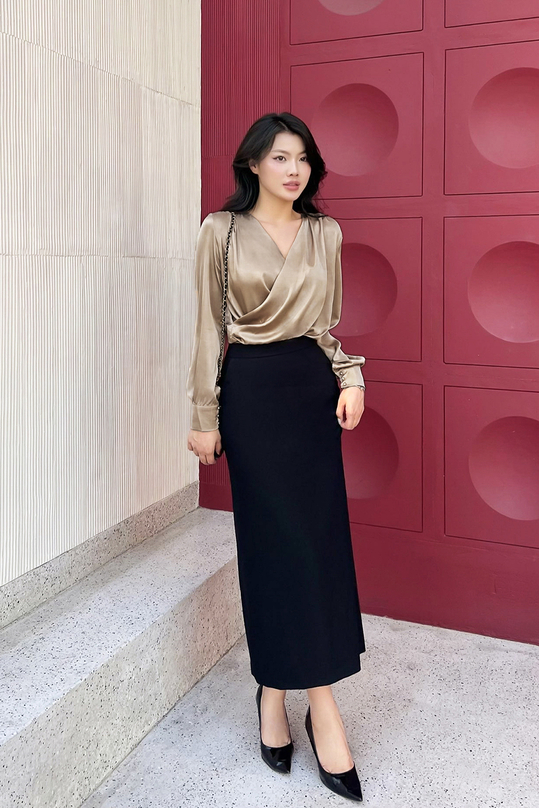 Áo lụa nữ tay dài vạt đắp chéo ASM18-23